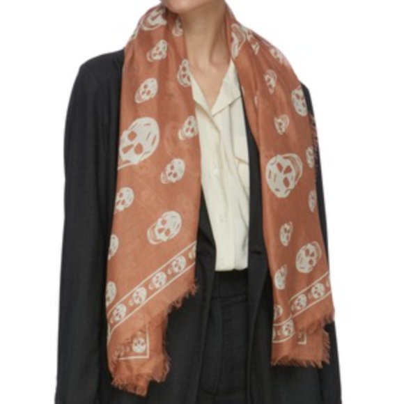 Alexander McQueen Accessories - ALEXANDER MCQUEEN Brown Modal/Silk Skull Scarf